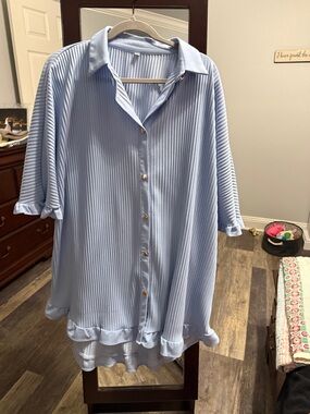 Light Blue Ruffle Hem Button-Front Tunic/Mini Dress